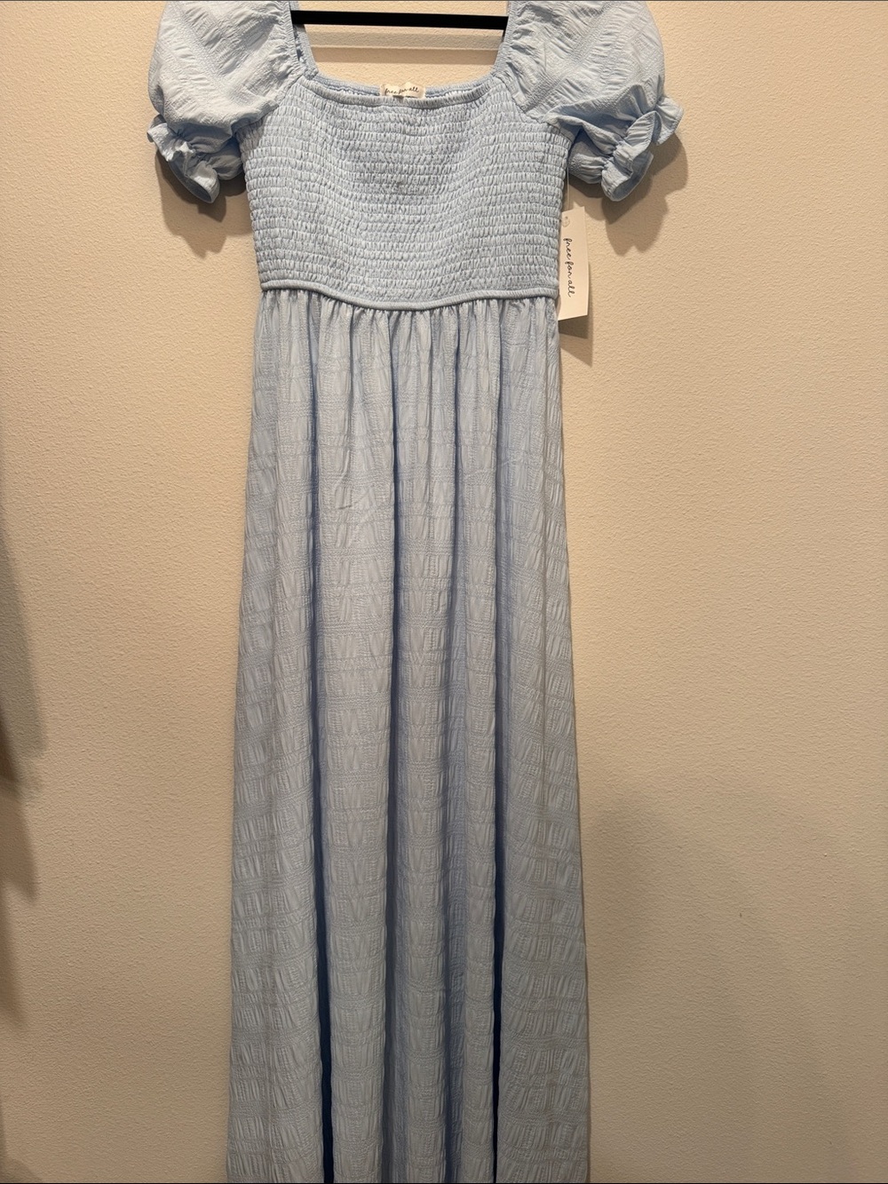 Smocked Puff-Sleeve Maxi Dress in Light Blue